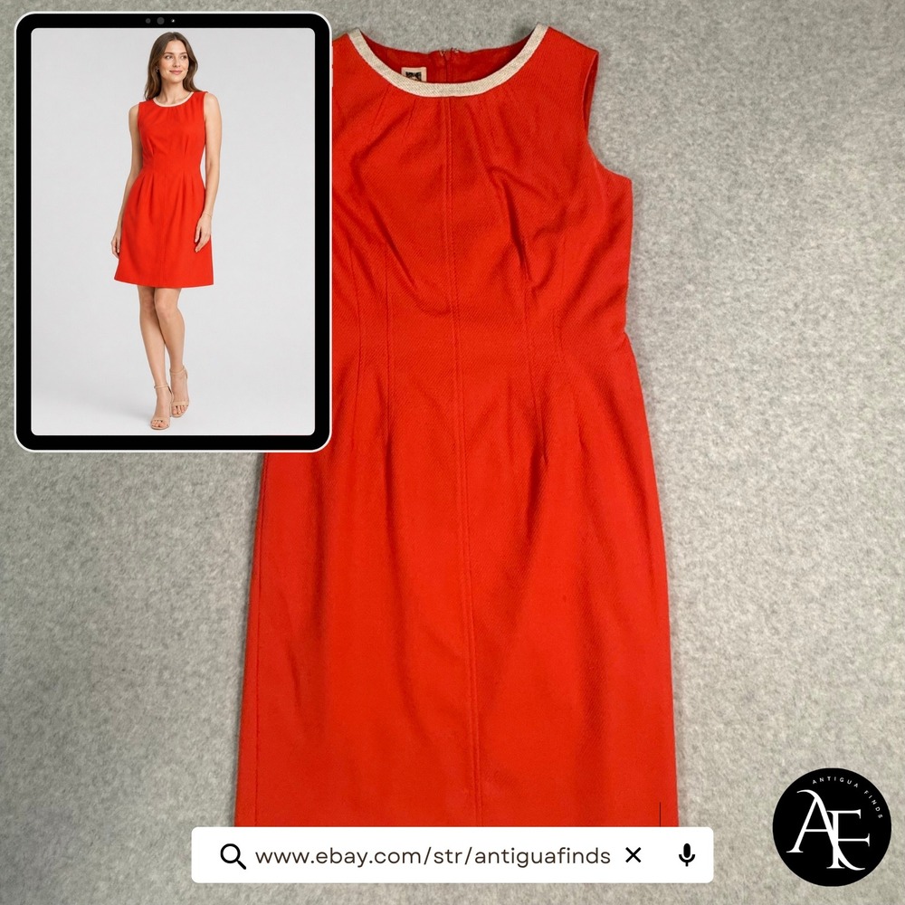 Anne Klein Sleeveless Sheath Dress Orange Red Textured Size 8 Cream Trim Office